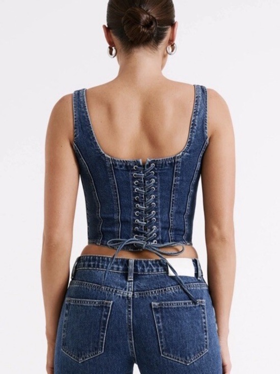 Meshki Tops - Meshki Bianca Denim Lace Up Corset Dark Blue Size L